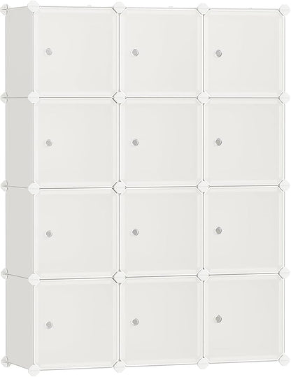 SONGMICS Cube Storage Organizer, Set of 12 Plastic Cubes, Closet Storage Shelves, DIY Plastic Closet Cabinet, Modular Bookcase, Shelving with Doors for Bedroom, Living Room, Cream White ULPC342W02