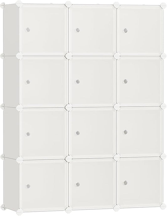 SONGMICS Cube Storage Organizer, Set of 12 Plastic Cubes, Closet Storage Shelves, DIY Plastic Closet Cabinet, Modular Bookcase, Shelving with Doors for Bedroom, Living Room, Cream White ULPC342W02