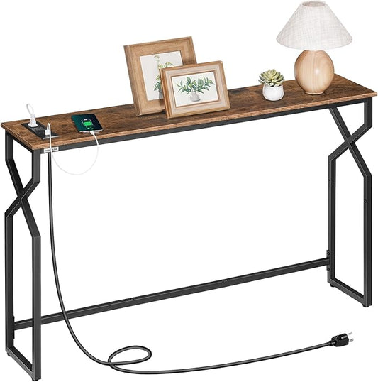 Sofa Console Table, 44.9" Entryway Table with Charging Station, Narrow Couch Table, Hallway Table, Sofa Table with USB Ports, Metal Frame, for Entrance, Living Room, Rustic Brown CTHR113E01