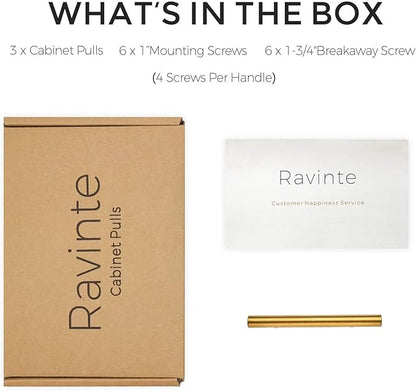 Ravinte 6 Pack 5 Inch Cabinet Pulls Brushed Brass Stainless Steel Kitchen Drawer Pulls Cabinet Handles 5”Length, 3” Hole Center