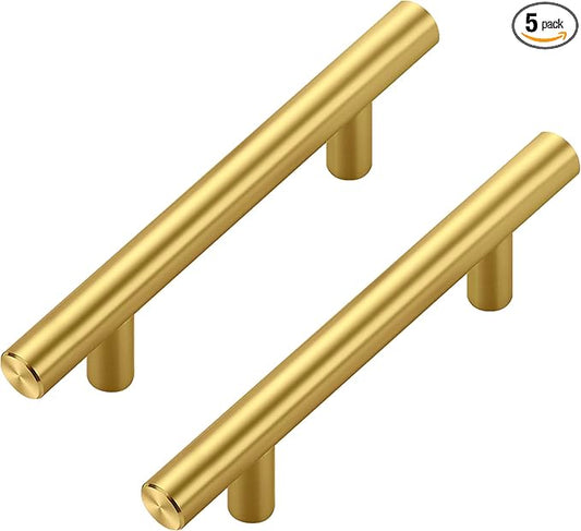 JOY DECOR 5 Pack Cabinet Handles, Gold Cabinet Pulls, 3 in Hole Center Kitchen Cabinet Handles, Stainless Steel T Bar Handles for Dresser Drawers