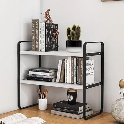 Hbluefat Desktop Organizer Shelf, 2-Tier Multipurpose Tabletop Storage Bookshelf, Small Wooden Countertop Storage Rack for Home Office Kitchen (White+Black)