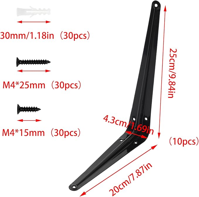 Lilaly 10 Pack Shelf Brackets 10 Inch Shelf Bracket, Heavy Duty L Brackets for Shelves for Hanging Floating Shelves Brack with Screws and Wall Anchors(8"x10",Black)