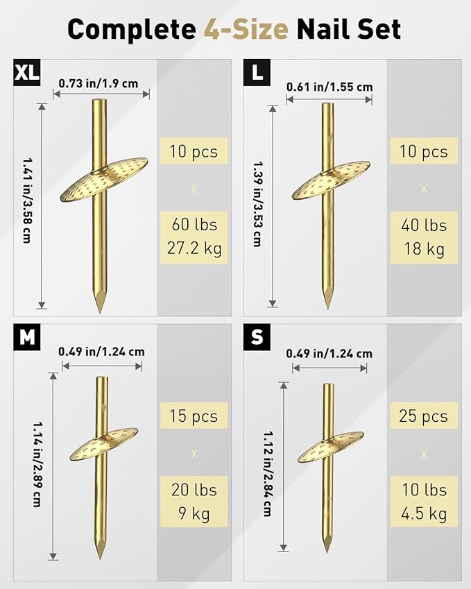 Uniclife 60 Pcs Picture Hangers, Picture Hanging Kit, 4 Size Picture Hanging Hooks, Picture Hanging Nails, Long Picture Hooks for Photo Frame Art Mirror and Décor, Gold