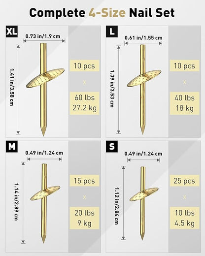 Uniclife 60 Pcs Picture Hangers, Picture Hanging Kit, 4 Size Picture Hanging Hooks, Picture Hanging Nails, Long Picture Hooks for Photo Frame Art Mirror and Décor, Gold