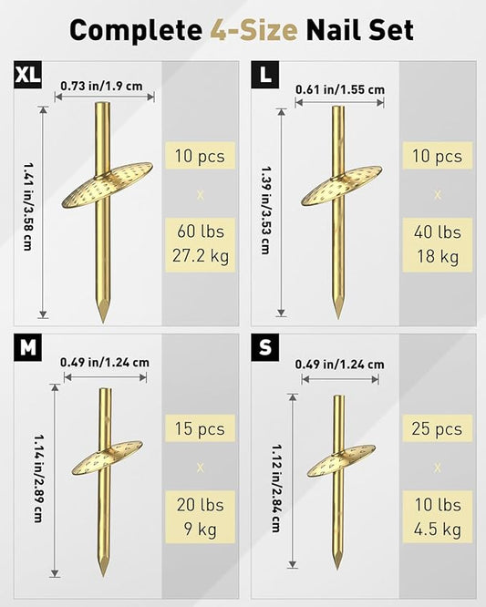 Uniclife 60 Pcs Picture Hangers, Picture Hanging Kit, 4 Size Picture Hanging Hooks, Picture Hanging Nails, Long Picture Hooks for Photo Frame Art Mirror and Décor, Gold