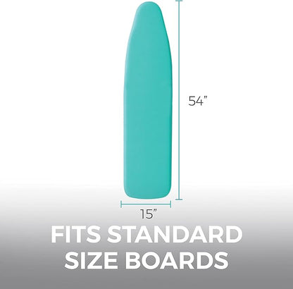 HOME GENIE Ironing Board Cover, Extra Thick Padding, Scorch Resistant Silicone Coating, 15x54 Elastic Edge Heavy Duty Iron Pad Covers Standard Boards, Hook and Loop Fastener Strap, Turquoise