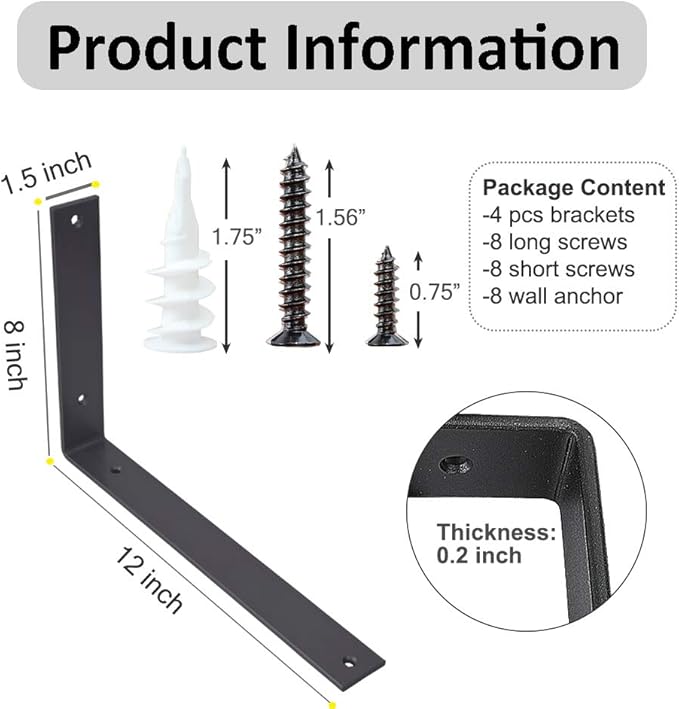 Shelf Brackets 12 Inch Wall L Brackets 4PCS Heavy Duty for Shelves Metal Black Rustic Industrial Brackets for DIY Opening Shelves Project Hardware Included