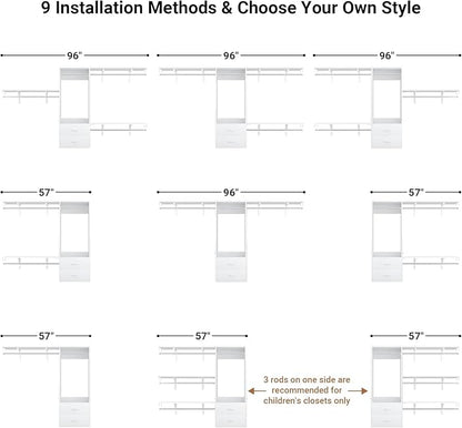 96" Closet System with 2 Wooden Drawers, 4-8ft Walk-in Closet Organizer System with 4 Hanging Rods,for Bedroom,Living Room,Garment Rack,White