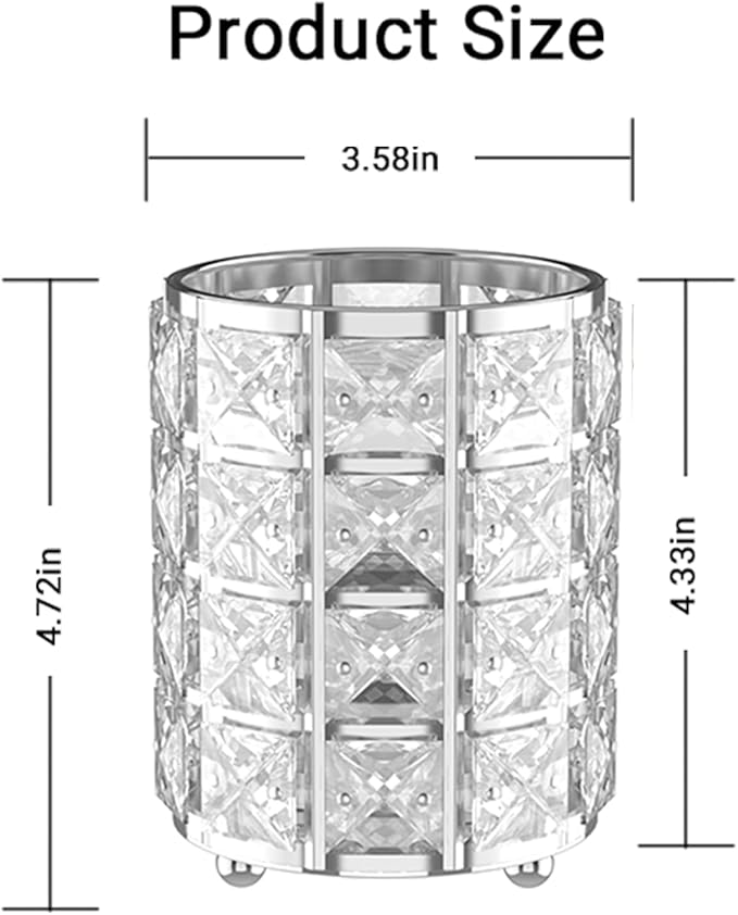LUGUNU Makeup Brush Holder with Silver Crystal Bling – Elegant Vanity Organizer for Brushes, Pens & Pencils, Ideal for Bathroom or Office Countertop(2Pack)