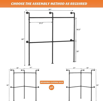 Aheaplus Industrial Pipe Clothing Rack, Reversible 6.75FT Clothes Rack for Hanging Clothes, Heavy Duty Garment Racks, Wall Mounted Closet Wardrobe Racks, Corner L Shaped Walk-in Closet System, Black