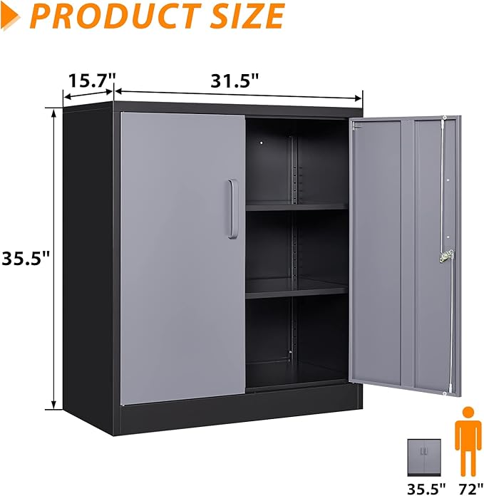 Metal Storage Cabinet, Storage Cabinet with 2 Doors and Shelves, Metal Cabinet with Lock, Small Lockable Cabinet for Home Office (Black Grey)