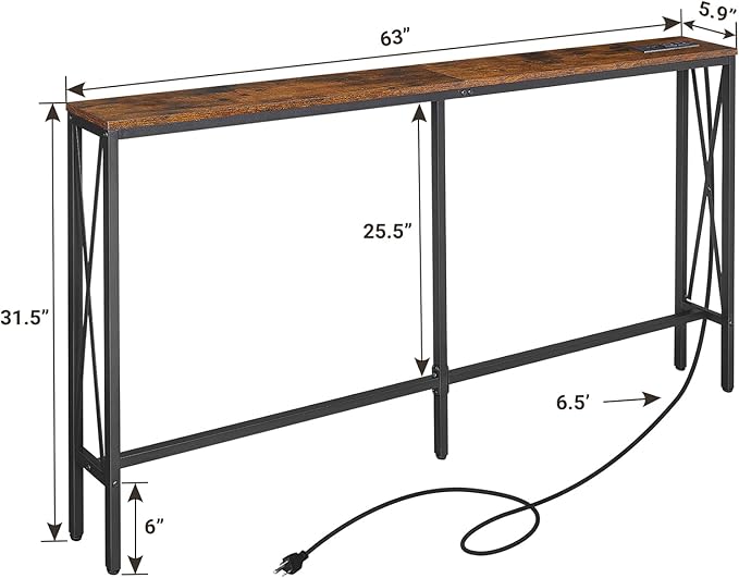 ELYKEN 5.9" Narrow Console Sofa Table with Power Outlets, 5.9" Dx63 Wx31.5 H Long Skinny Behind Couch Table with “X” Cross Metal Frame Charge Station with 6.5’ Extension Cord, Rustic Brown