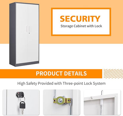 MIIIKO Metal Cabinet with Doors and Shelves, Tall Filing Cabinet for Home Office with Lock, 5 Shelf Steel Storage Cabinet for Office, School, and Garage