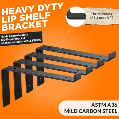 BATODA 12” Shelf Brackets with Lip (Match 11.25" Board) - 8 Pcs Z Shelf Bracket Black - Heavy Duty Hook Brackets for Shelves - Wall Mounted Support for DIY - Shelving Hardware Included (Pack 8)
