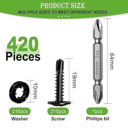 mxuteuk 420PCS #8×3/4" Self Tapping Screws,410 Stainless Steel Self Drilling Screws,Phillips Modified Truss Head Self Tapping Screw for Metal,Plastic,Wood(210pcs Black Screw+210pcs Washer)