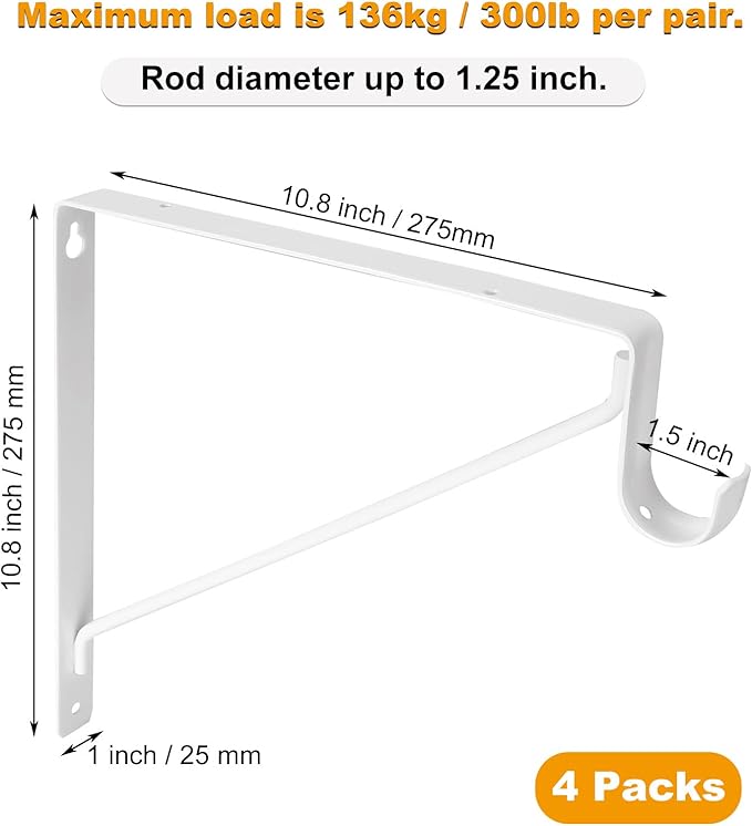 4 Pack Heavy Duty Closet Rod Brackets Holder 11 x 11 x 1 Inch White Closet Rod Support Bracket Black Steel Closet Rod Holders for Hanging Clothes Rod Support Brackets (White - 4Pack)