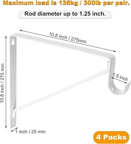 4 Pack Heavy Duty Closet Rod Brackets Holder 11 x 11 x 1 Inch White Closet Rod Support Bracket Black Steel Closet Rod Holders for Hanging Clothes Rod Support Brackets (White - 4Pack)