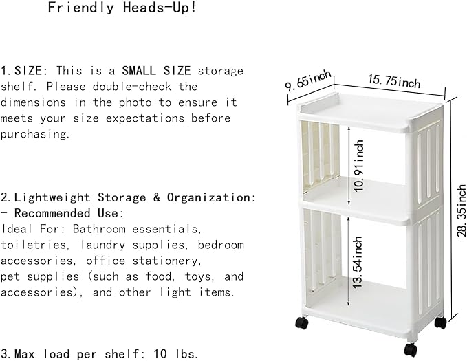 3 Tier Rolling Storage Cart Organizer Shelf on Wheels Movable Organization Rack with Wheels Shelving Unit Trolley for Bathroom Laundry Room Office Utility Cart (Taller Size)