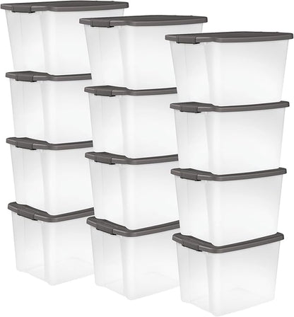 Sterilite 12-Pack 50 Quart ShelfTote, Clear Plastic Storage Organizer Bins with Gray Lids – Stackable Home and Office Containers for Closet or Shelves