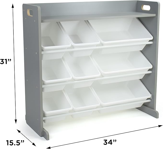 Humble Crew Toy Storage Organizer with Top Shelf and 9 Removable Bins, Grey/White – Toddler Bookshelf with Toy Organizer - Modern Toy Rack Ideal for Kids' Rooms, Playrooms, and Nurseries