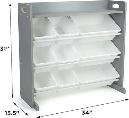 Humble Crew Toy Storage Organizer with Top Shelf and 9 Removable Bins, Grey/White – Toddler Bookshelf with Toy Organizer - Modern Toy Rack Ideal for Kids' Rooms, Playrooms, and Nurseries