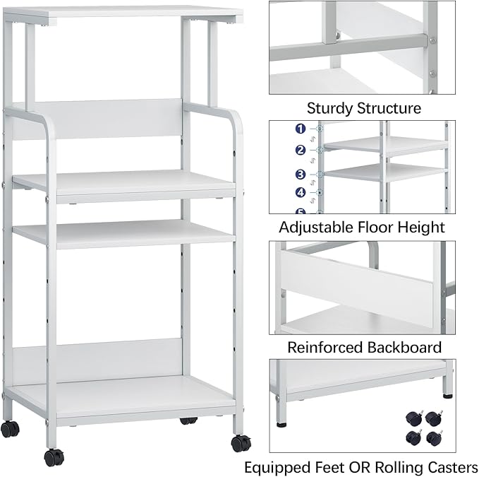 4-Tier Printer Stand with Storage Shelf, Mobile Printer Table for Home Office, Adjustable Stand for Printer, Scanner, Fax (White)