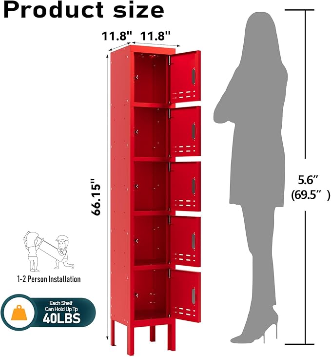 Metal Storage Locker with Lock & Card Slot Locker - Secure Lockable Door - Steel Locker for School, Office, Gym, Home - 66.15" H x 11.8" W x 11.8" D（5 Door, Red）