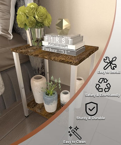 2 Tier Side Table, Heavy Duty End Table with Shelves, Narrow Nightstand Table for Small Spaces, Record Player Table for Bedroom, Living Room, Sofa Couch - Rustic Brown & White