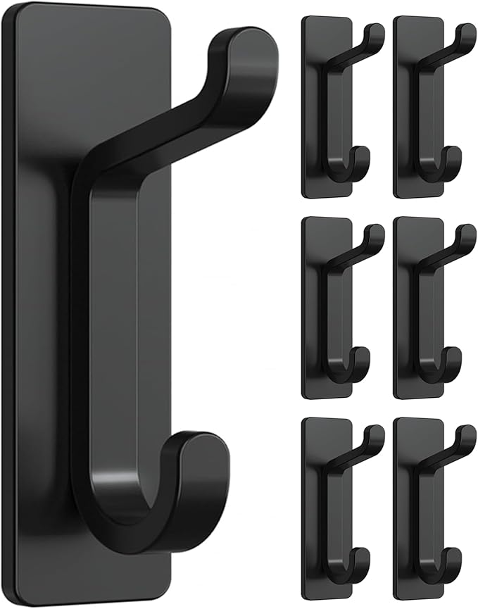 Self Adhesive Wall Hooks for Hanging: Extra Strong 13 LB, Hook for Coat, Towel in Bathrooms, Shower, Kitchen, Wall, Door Hook, Black 6 Pack