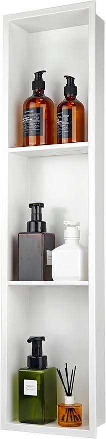 Narrow Shower Niche with Shelf，Stainless Steel recessed Wall Niche ，Three-Tier Shelves with Bathroom Storage/Remodel， Matte White （ 8"x 36"）