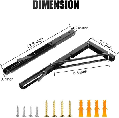 Heavy Duty Black Folding Shelf Brackets (Pack of 2) – 550 lb Max Load, Wall Mounted Space-Saving Brackets for Shelves, Tables, Workbench, DIY Storage – Sturdy Steel Construction