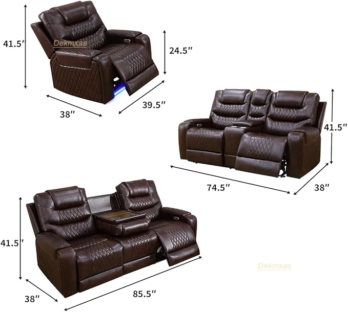 Living Room Furniture Sets, Power Reclining Sofa Couches with LED Light, Brown Breathing Leather Recliner Power Sofa with Drop-Down Table/Cup Holder/USB Port for Living Room, Office, Rv Car