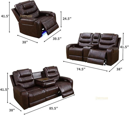 Living Room Sofa Set, Brown Breathing Leather Power Recliner Sofa Couches, Living Room Furniture Sets Power Recliner Chair with Cup Holder/LED Light/USB Port for Apartment, Office, Rv Car