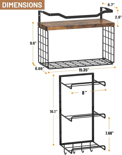 Yoga Mat Holder Wall Mount, Yoga Accessory Mats Storage Rack , Home Gym Accessories Organizer Storage With Wood Floating Shelves, Storage Basket and 4 Hook For Hanging Yoga Strap & Resistance Bands