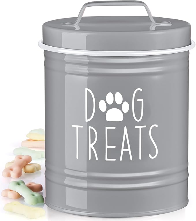 Small Dog Treat Container Airtight - 6" Tall X 4.9" Round Gray Dog Treat Jar for Kitchen Counter - Rustic Treat Storage Canister for Dogs, Cats, Small Animals - Gifts for Pet Owners