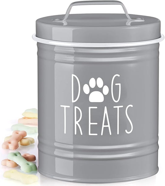 Small Dog Treat Container Airtight - 6" Tall X 4.9" Round Gray Dog Treat Jar for Kitchen Counter - Rustic Treat Storage Canister for Dogs, Cats, Small Animals - Gifts for Pet Owners