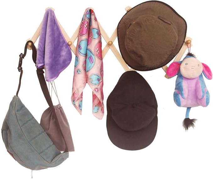 AMAPON Accordion Style Expandable Wall Wooden Coat Rack 13 Hooks (Pegs) Hang Hats Jackets Coffee Mug Purses Necklaces Towels Cap Leash Scarves Data Line Kitchenware (2 Packs)