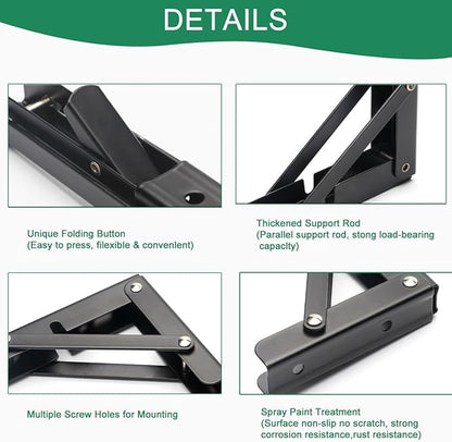 Folding Shelf Brackets, 2 Pcs Heavy Duty Collapsible Shelf Bracket, DIY Wall Mounted Folding Table Hinge, Space Saving for Bench Table with Screws (Black, 10 in)