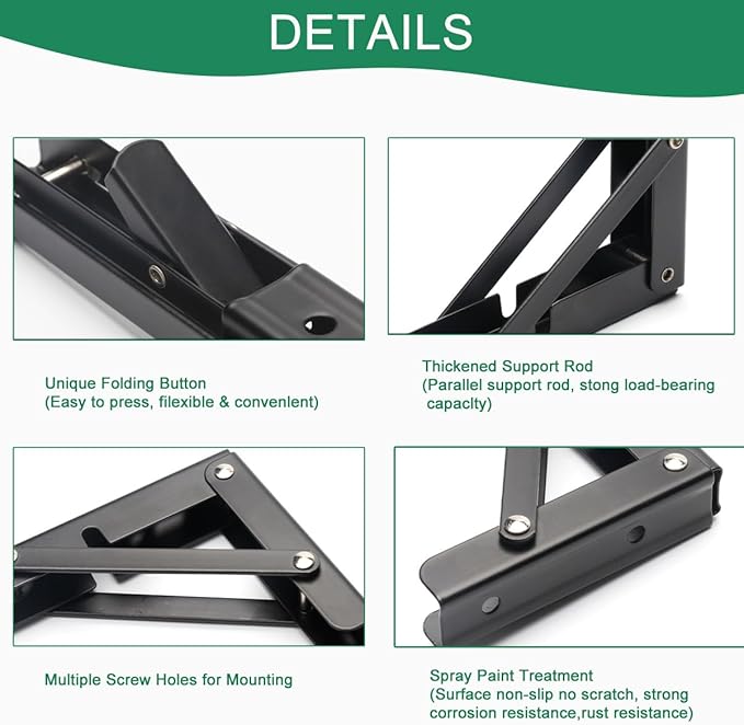 2 Pcs Folding Shelf Brackets, Matte Black Collapsible Stainless Steel Heavy Duty Brackets for Table Bench, Space Saving DIY Bracket with Screws, Max Load 330 lb (Black, 12 in)