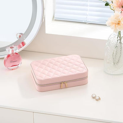 Lolalet Travel Jewelry Case for Women Girls, Travel Jewelry Organizer Box with Mirror & Clear Storage Bag, Small Portable Earring Necklace Bracelet Ring Case, Birthday Valentine Gifts -Medium, Pink