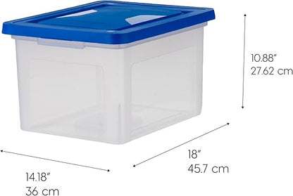 IRIS USA File Box, Plastic File Organizer Box With Lids, Letter/Legal File, Important Document Box, Portable Storage Filing Bin, Stackable Nestable, Clear/Blue 35 Qt. 3 Pack