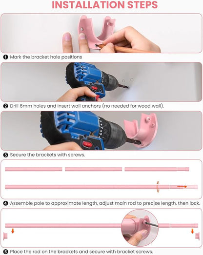 Closet Rods for Hanging Clothes, 17 to 99 Inches Stepless Adjustable Metal Closet Rod, 1.3 Inches Heavy Duty Clothes Hanging Rod for Closet Wardrobes Laundry RV, Pink