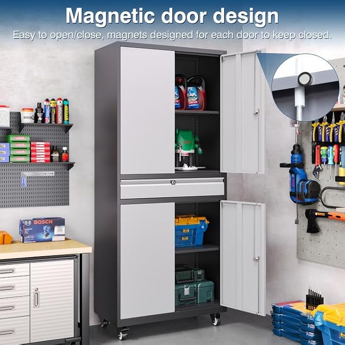 Metal Storage Cabinet with Wheels, 73" Tall Garage Rolling Storage Cabinets with Doors and Shelves, Lockable Tool Caninet Steel Locking Cabnets for Home Office, Garage, Pantry