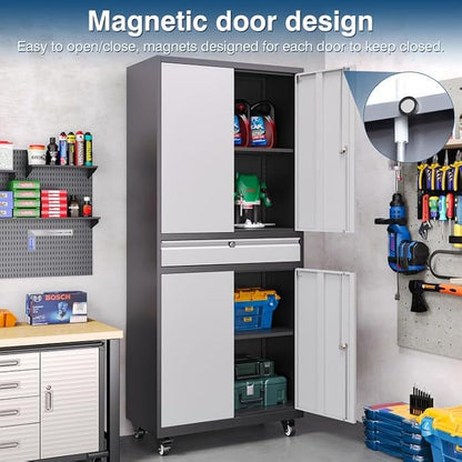Metal Storage Cabinet with Wheels, 73" Tall Garage Rolling Storage Cabinets with Doors and Shelves, Lockable Tool Caninet Steel Locking Cabnets for Home Office, Garage, Pantry