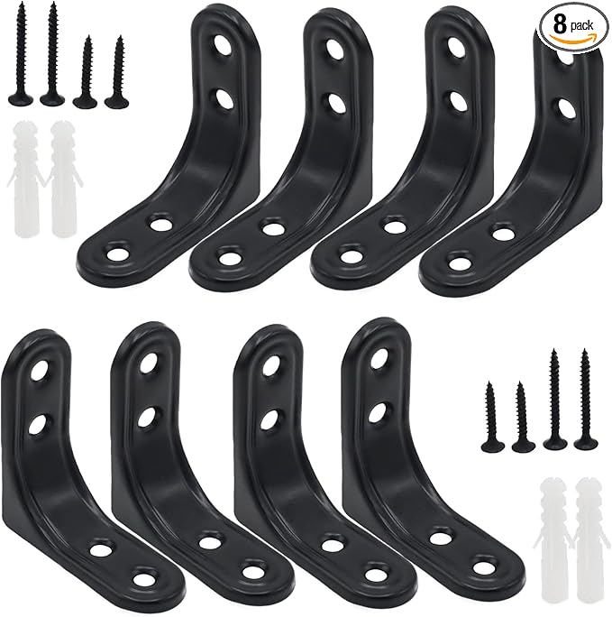 8pcs 2 Inch L Brackets, Heavy Duty Wall Mount Black L Corner Brackets Braces for Wood, Shelves, Cabinets, 90 Degree Triangle Shelf Support with Screws, Small Right Angle Bracket