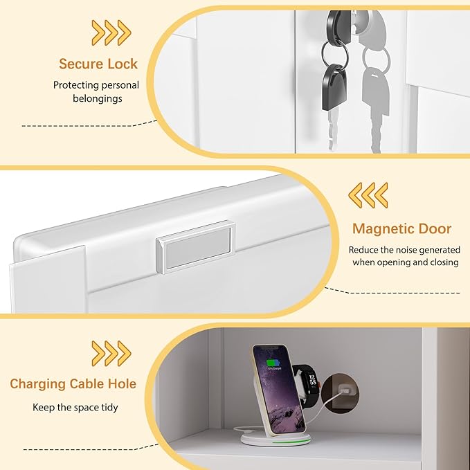 Tokawa Metal White Locking Nightstand, 27.56" Locker with Magnetic Door and Adjustable Shelve, Small Locker Nightstand, Side Table Storage Cabinets for Bedroom, Living Room, Office