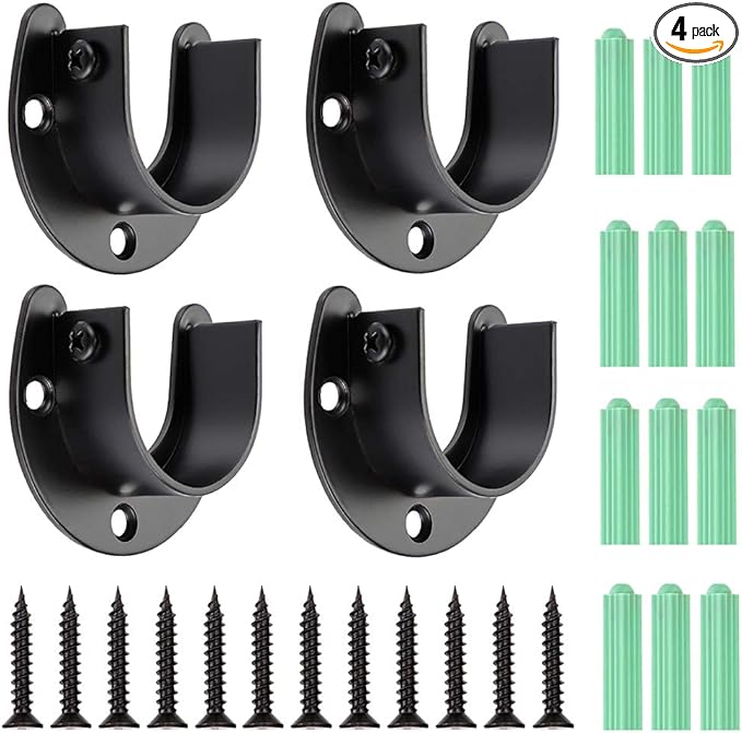 OwnMy 4 Packs Closet Rod End Supports Brackets 1-1/2" Diameter, U Shaped Stainless Steel Closet Pole Sockets Flange Rod Holder for Closet Wardrobe Shower Curtain (Black)