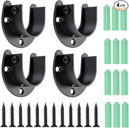 OwnMy 4 Packs Closet Rod End Supports Brackets 1-1/2" Diameter, U Shaped Stainless Steel Closet Pole Sockets Flange Rod Holder for Closet Wardrobe Shower Curtain (Black)