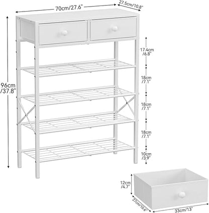 Shoe Rack for Entryway, 5 Tier Shoe Organizer with 2 Non-Woven Drawers, Metal Storage Shoe Shelf for 16-20 Pairs of Shoes, with Wooden Top and Steel Frame, Shoe Stand for Closet Greige